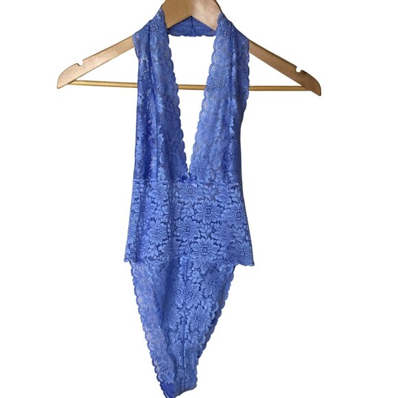 VICTORIA’S SECRET Blue Lace Halter Teddy Women’s Bodysuit Lingerie M Retro Y2K - Picture 1 of 8